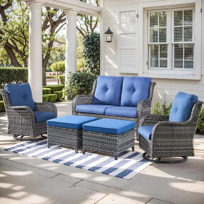 Outdoor Wicker Patio Furniture Set - 5 Piece Rattan Patio Conversation Set with 2 Rocking Swivel Chairs,2 Ottomans and 1 Loveseat for Porch Deck Backyard Garden(Mixed Grey/Blue) by GreenHaven Gardens