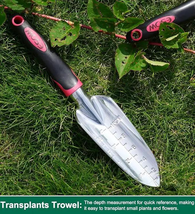 ESOW Garden Tool Set with Non-Slip Rubber Handle, 3 Piece Cast-Aluminum Heavy Duty Gardening Kit Includes Hand Trowel, Transplant Trowel and Cultivator Hand Rake, Red by GreenHaven Gardens