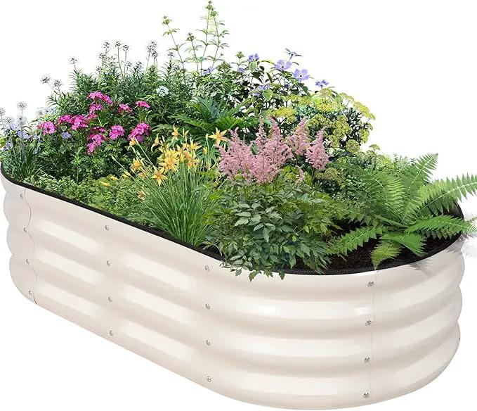 Galvanized Raised Garden Bed Outdoor - 4×2×1ft Planter Raised Beds for Gardening | Oval Metal Garden Planter Box with Safety Edging and Gloves for Vegetables Fruits and Flowers - White by GreenHaven Gardens