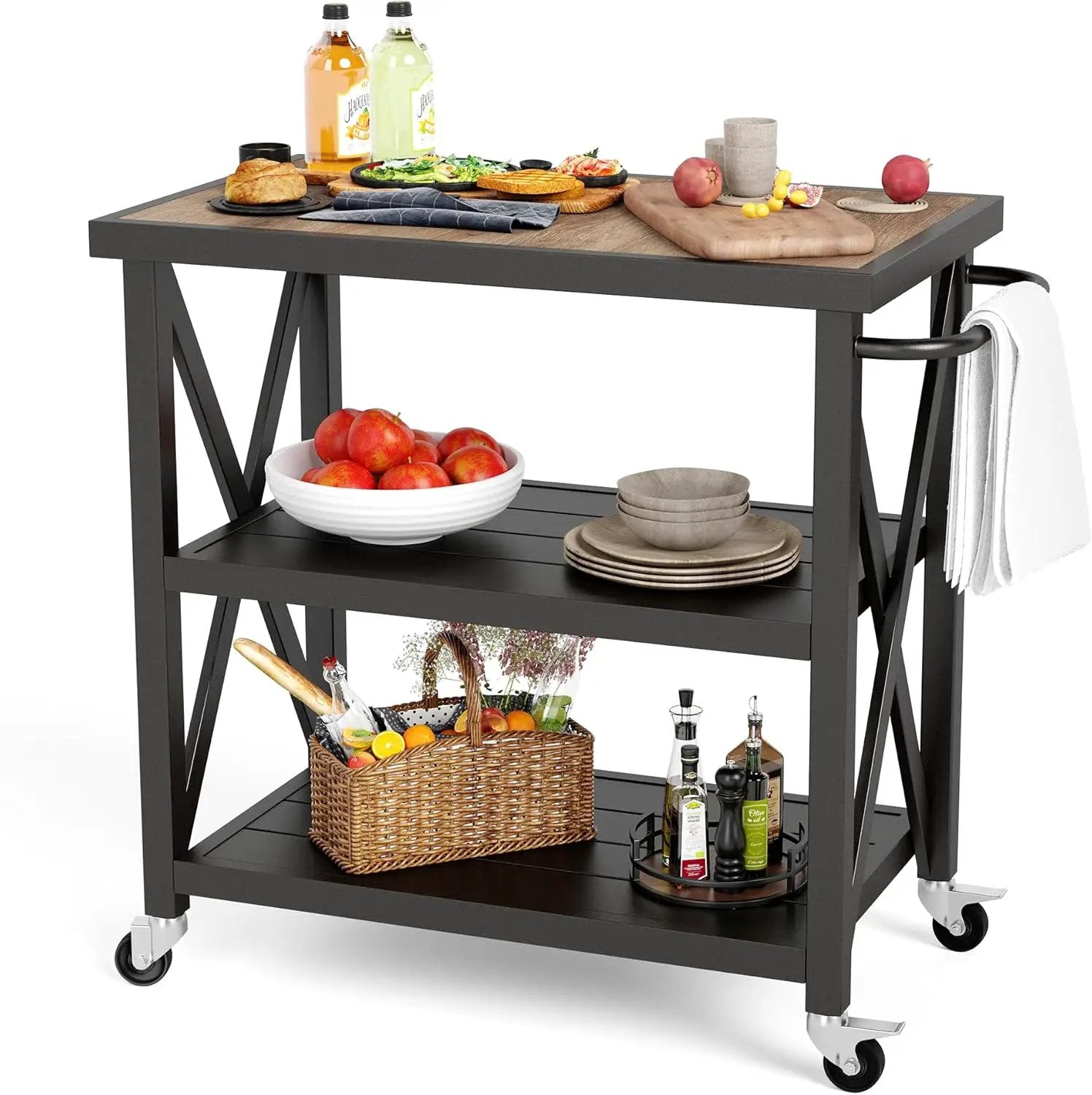 PHI VILLA Outdoor Grill Table, Elegant Grill Cart with Ceramic Wood Grain Table Top, Serving Cart with Shelves, Patio Grilling Backyard BBQ Grill Cart, Black by GreenHaven Gardens