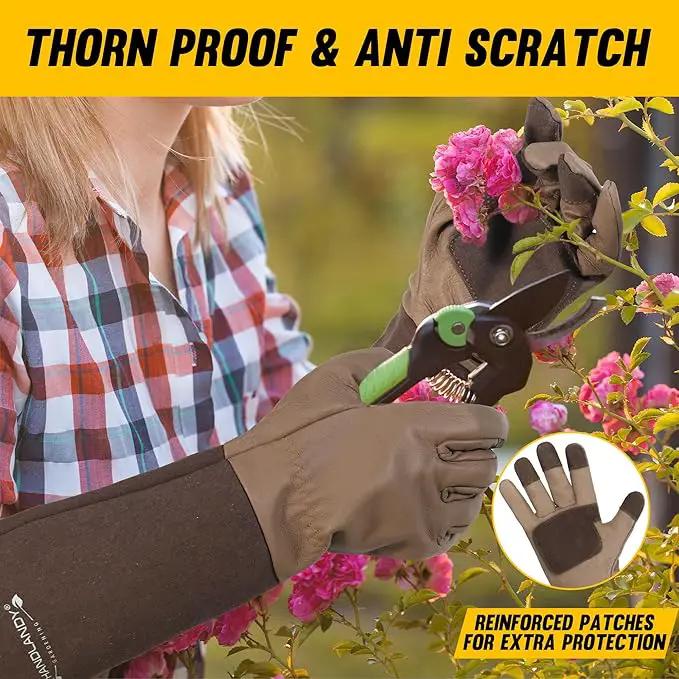 HANDLANDY Long Gardening Gloves for Men & Women, Cowhide Leather Rose Pruning Gloves- Breathable & Durable Gauntlet Glove (Medium, Brown) by GreenHaven Gardens