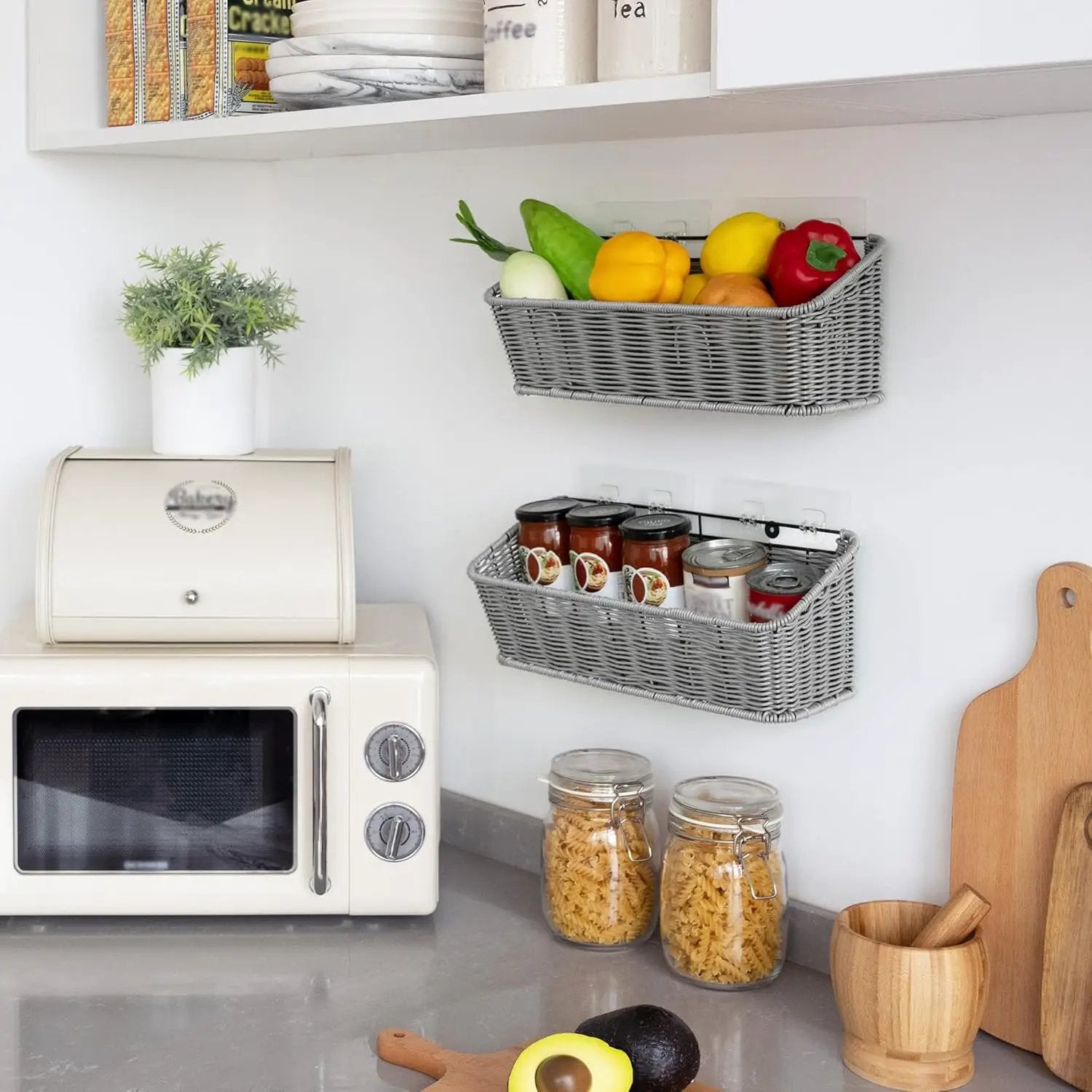 GRANNY SAYS Wicker Hanging Basket, 2 Pack Storage Baskets for Cabinet, Wall Mount Fruit Basket for Kitchen, Adhesive Bathroom Cabinet Organizer, Pantry Organizers and Storage, Gray by GreenHaven Gardens