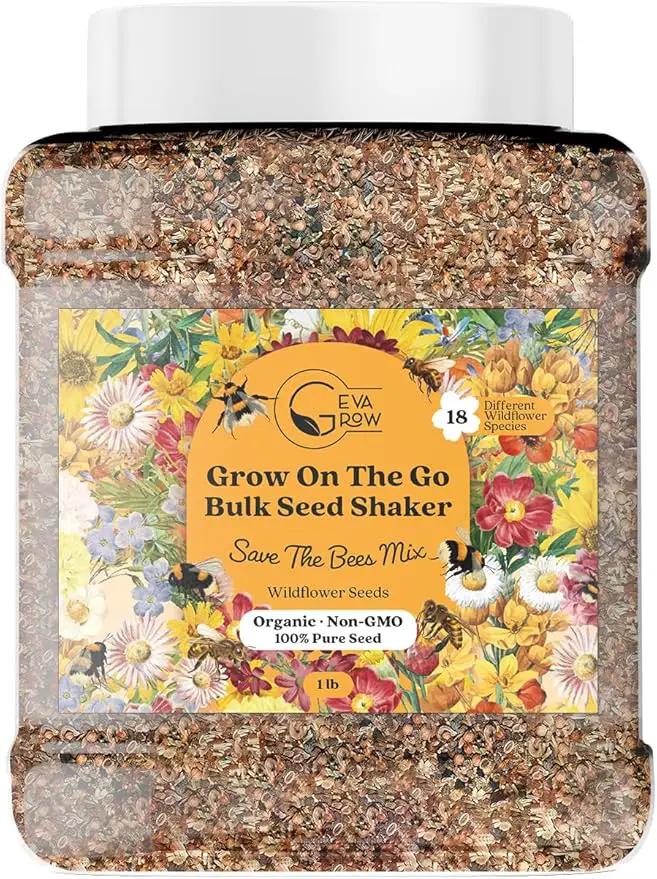 Wildflower Seed Mix 1LB Tub - Save The Bees Seed Mix, by GevaGrow | Bulk 300,000+ Seeds | Pollinator & Bee Attracting Flower Seeds Bulk for Planting in Pots & Outdoor Gardens | 1 Pound Tub by GreenHaven Gardens