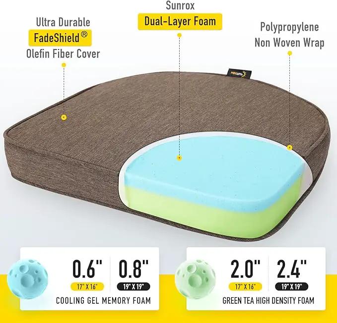 SUNROX Gel Memory Foam Chair Cushions, FadeShield Water-, Stain-Resistant Durable Reversible Seat Cushion Pads with Ties for Indoor/Outdoor Kitchen Dining Office 17"x16" Set of 2, Heather Chestnut by GreenHaven Gardens