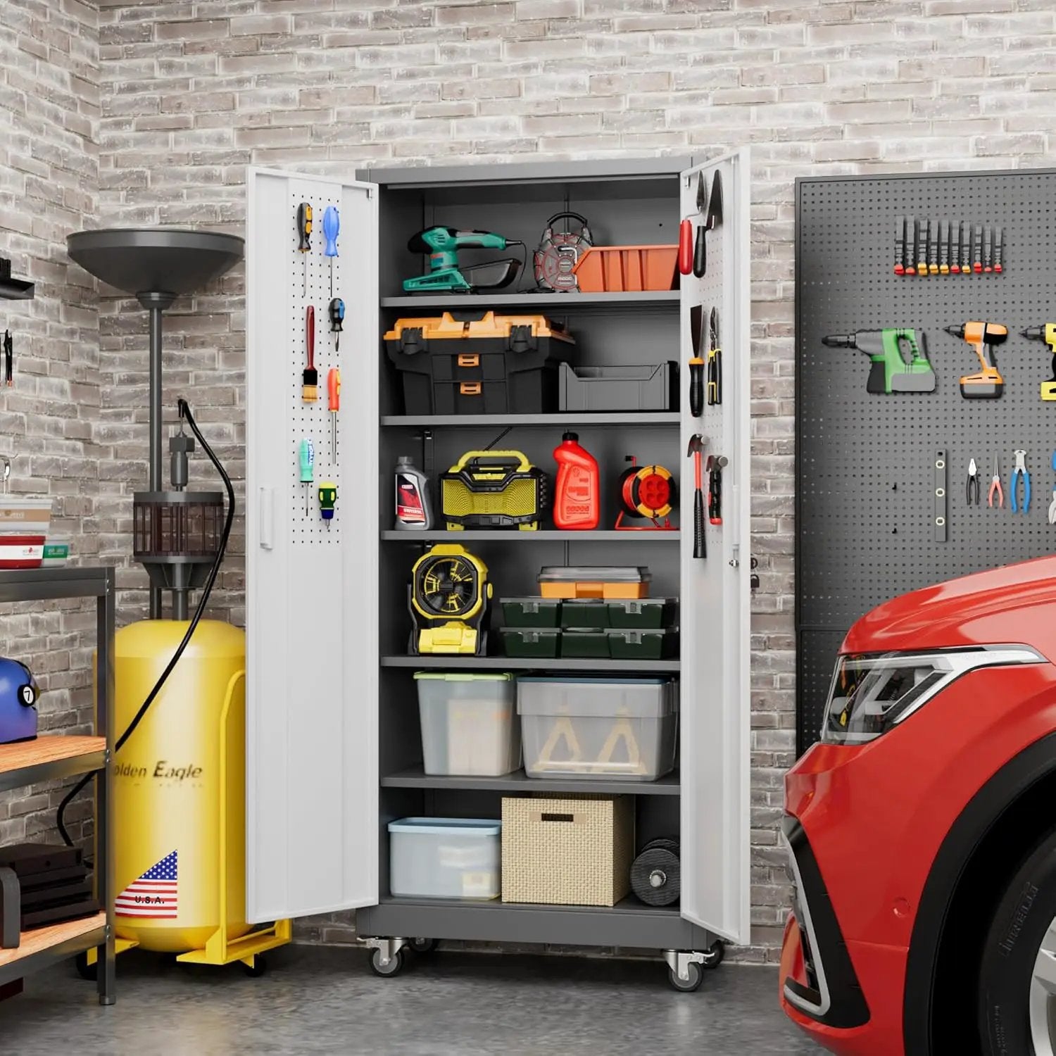 Metal Garage Storage Cabinet with Wheels & Pegboard, Lockable Metal Storage Cabinets with 2 Doors&5 Adjustable Shelves for Garage&Home,Assembly Required,Gray White 71''H x32''W x16''D by GreenHaven Gardens