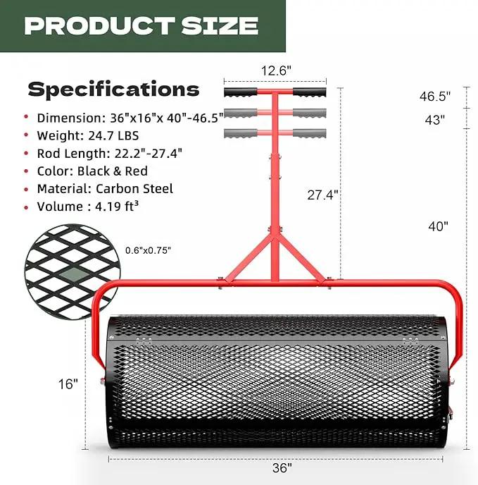 Compost Peat Moss Spreader for Lawn, 36 Inch Compost Roller Spreader with Adjustable T-Shaped Handle, Upgraded Side Clasps, Durable Lightweight Metal Roller, Lawn Garden Yard Care by GreenHaven Gardens