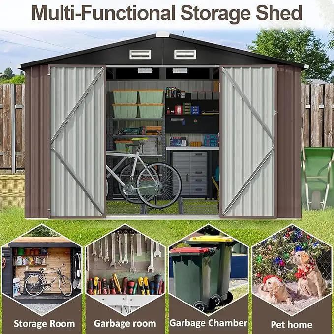 Aoxun 9.4x7.3x6.5 FT Outdoor Storage Shed, Garbage Can, Outdoor Metal Shed for Tool, Garden, Bike, Placed in Patio, Garden Brown Base Included by GreenHaven Gardens