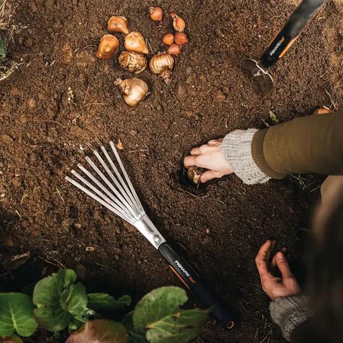 Fiskars Xact Hand Rake, Heavy Duty Gardening Hand Tool with Ergonomic Handle and Hanging Hole for Storage, Stainless Steel Head and Tines, Perfect for Maintaining a Raised Garden Bed by GreenHaven Gardens