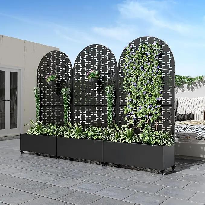 Casaphoria Metal Raised Garden Bed with Trellis and Wheels, 72"x35"x16" Arched Planter Box for Climbing Plants, Vegetables & Vines, Features Drainage Holes and Privacy Screen (Black-Brick) by GreenHaven Gardens