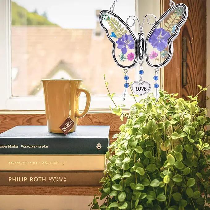 Laraine Butterfly Suncatcher with Pressed Flower Wings Mom Mother's Day Butterfly Glass Wind Chime Ornament Charm with Metal Heart Gifts for Mom Grandma Aunt Birthday (Purple Love (with Free Hook)) by GreenHaven Gardens