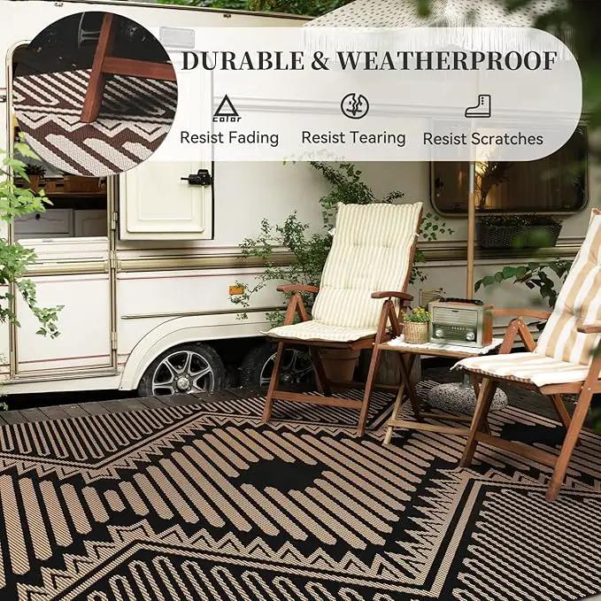 MontVoo Outdoor Rug-Waterproof Patio Rug Mat 5x8 Outdoor Carpet Mat Reversible Plastic Straw Outside Outdoor Rug for RV Camping Picnic Balcony Backyard Pool Deck Porch Modern Boho Black Brown by GreenHaven Gardens