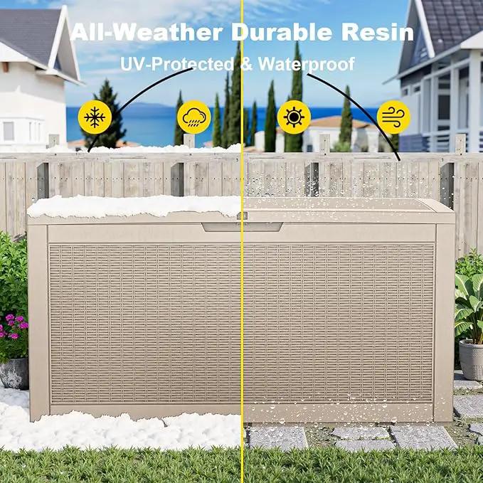 100 Gallon Waterproof Outdoor Storage Box,Resin Deck Box,Lockable Outside Storage Box Container for Patio Furniure,Garden,Pool Tools (100 Gallon,Grey pattern) by GreenHaven Gardens