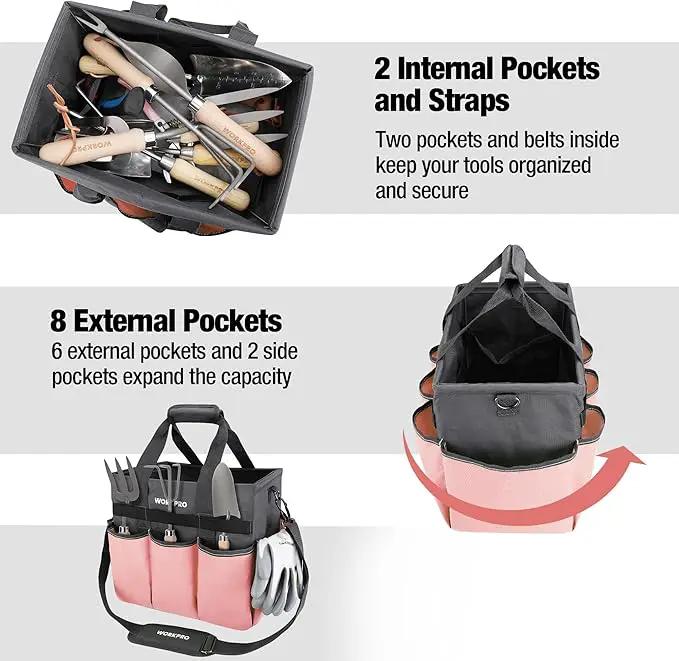 WORKPRO Garden Tool Bag, Heavy Duty Gardening Tote Bag Organizer with 10 Pockets and Long Adjustable Shoulder Strap, Standable Garden Home Tool Kits Organizer, Pink by GreenHaven Gardens