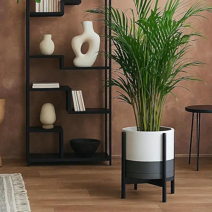 D'vine Dev Ceramic Planter with Ebony Stand - 12 Inch Modern Round Flower Pot with Wood Planter Holder, White/Grey, 55-B-H-6 by GreenHaven Gardens