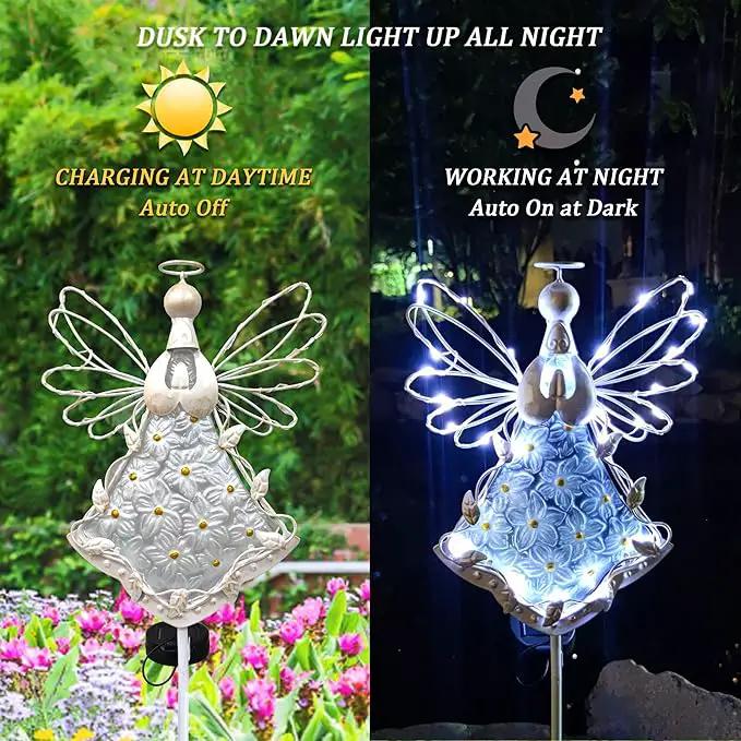 38Inch Angel Solar Lights Outdoor Decorative-Metal&Glass Angel Hydrangea Flower Garden Stake Lawn Light- Waterproof 30 Warm White LED for Remembrance Gifts & Sympathy Gifts(White) by GreenHaven Gardens