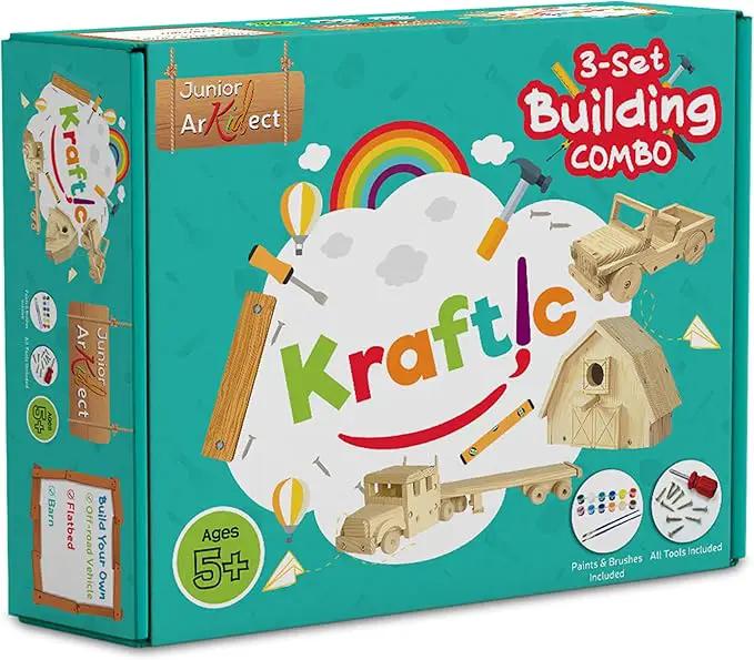Kraftic Woodworking Building Kit for Kids and Adults, Set of 3 Educational DIY Carpentry Construction Wood Model Kit Toy Projects for Boys and Girls - Off-Road Vehicle, Flatbed Truck, Barn Birdhouse by GreenHaven Gardens