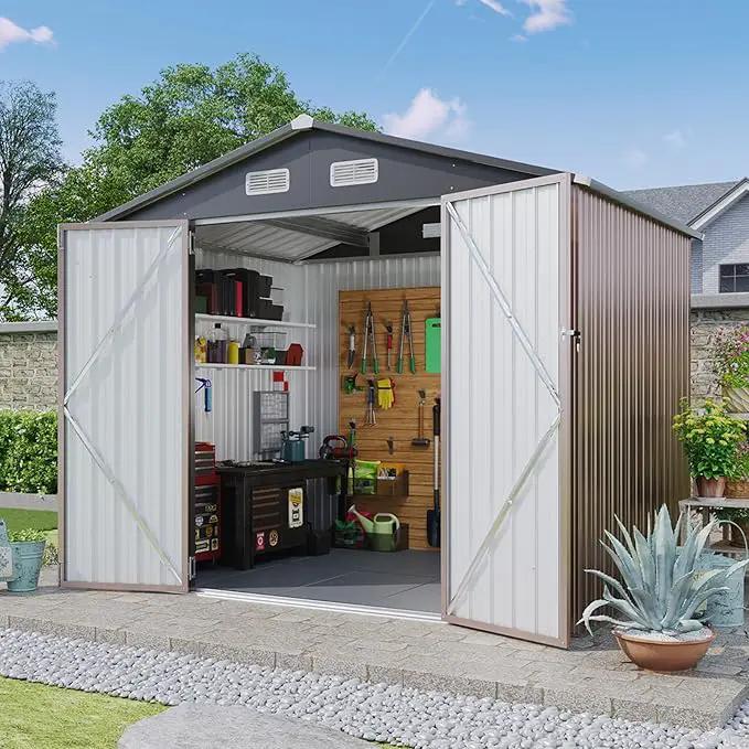 Aoxun 7x5 FT Outdoor Storage Shed with Floor Garden Metal Shed with Lockable Door Outdoor Large Shed for Tool, Garbage Can, Bike, Mower, Brown by GreenHaven Gardens