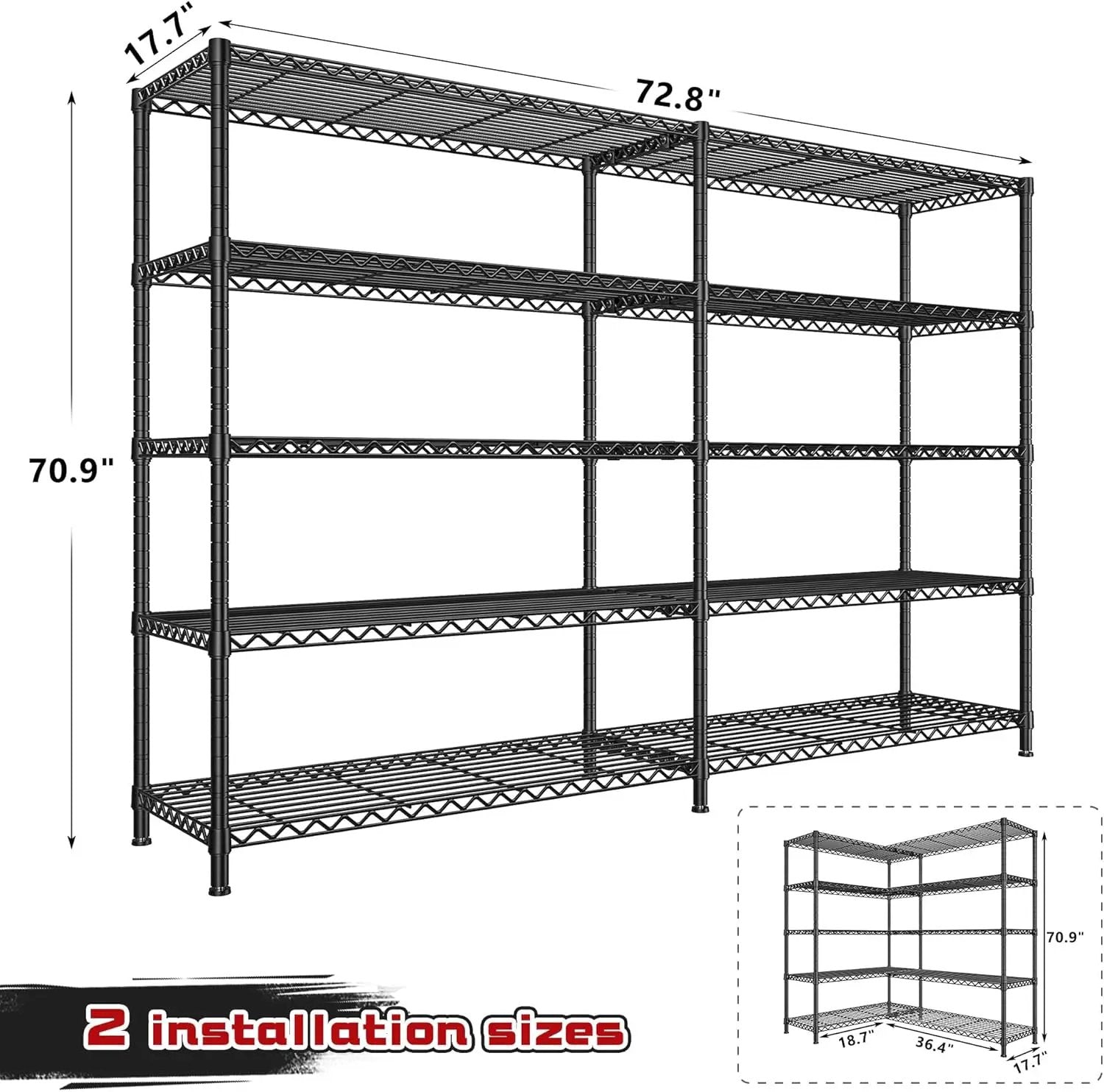 REIBII 72.8" W Storage Shelves Load 1600LBS, 5 Tier Metal Shelving Unit Wire Shelving for Storage Rack Heavy Duty Metal Shelves for Garage Pantry Kitchen, 17.7" D x 72.8" W x 70.9" H by GreenHaven Gardens
