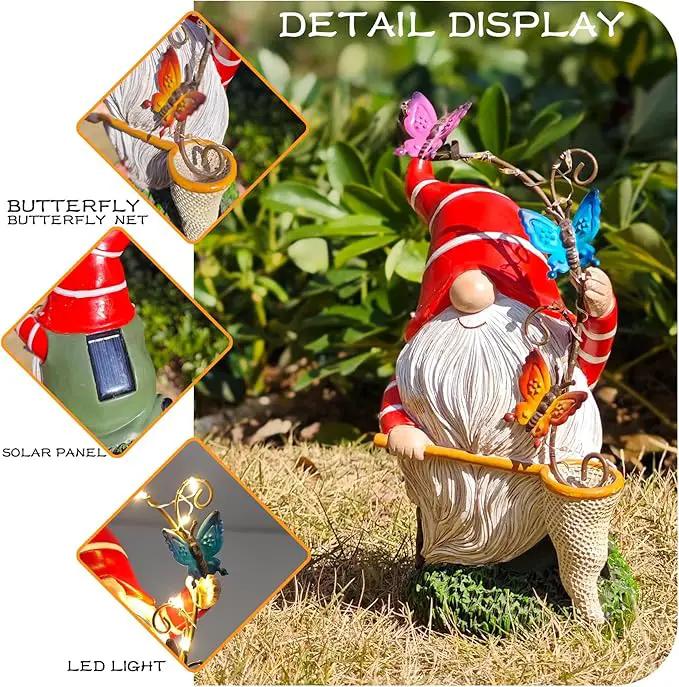 Solar Powered Gnome Garden Statue with Iron Butterflies - LED Lighted Garden Decorations, Resin Gnome with Butterfly Net, Gifts for Women and Men，Outdoor Decor Ornaments for Outside by GreenHaven Gardens