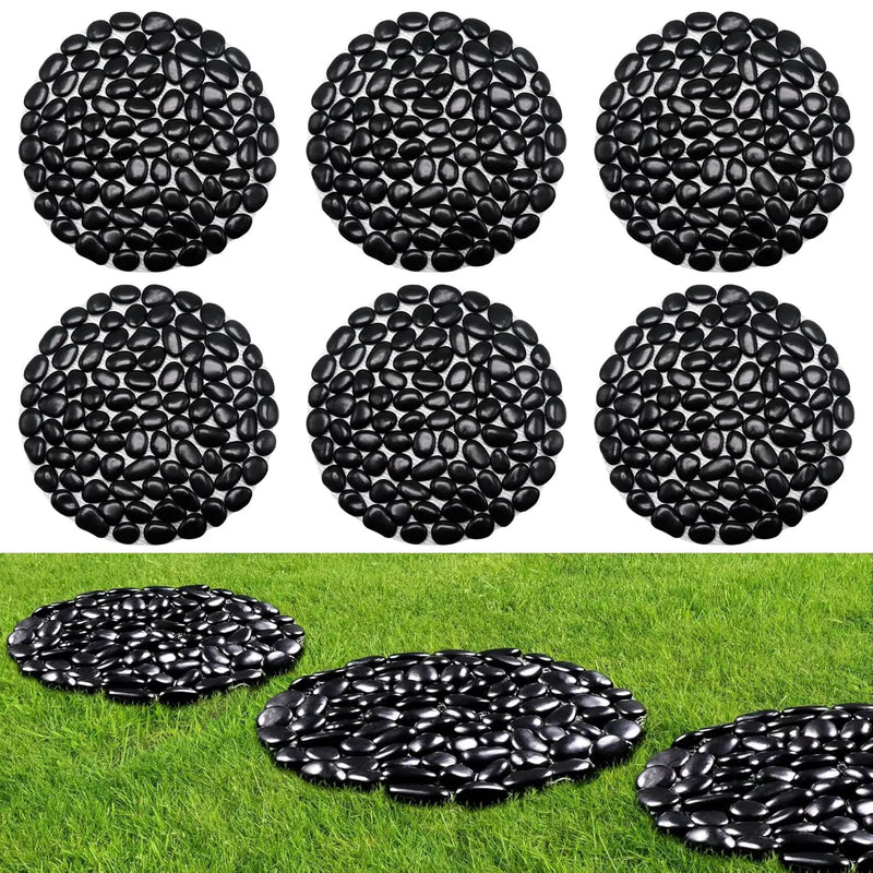 10in River Rock Stepping Stones Set - 6 Pack | Polished Pebble | Long-Lasting PVC Mesh Backing | Perfect for Garden Paths and Lawns Outdoor Landscaping Decoration | Black Circle by GreenHaven Gardens