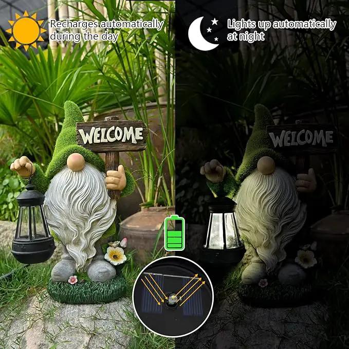ASAWASA Gnomes Decorations for Yard with Solar LED Light, 10.8" Large Outdoor Funny Garden Lawn Gnome Decor with Welcome Sign by GreenHaven Gardens