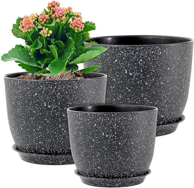Large Flower Pots 12/10/9 inch, Set of 3 Modern Decorative Plastic Planters with Drainage Holes and Saucers for Garden House Plants, Plant Pots for Indoor Outdoor Plants, Speckled White by GreenHaven Gardens