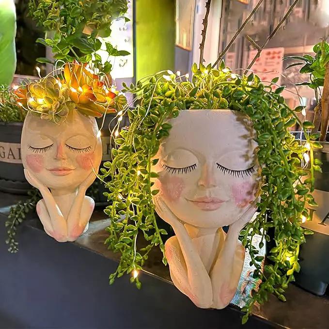 Solar-Face Flower Pot Head Planter Pots - LED String Lights Warterproof Resin Succulent Cactus Planters Pots with Drainage Hole Cute Lady Closed Eyes Indoor Outdoor Garden Decor (Large) by GreenHaven Gardens