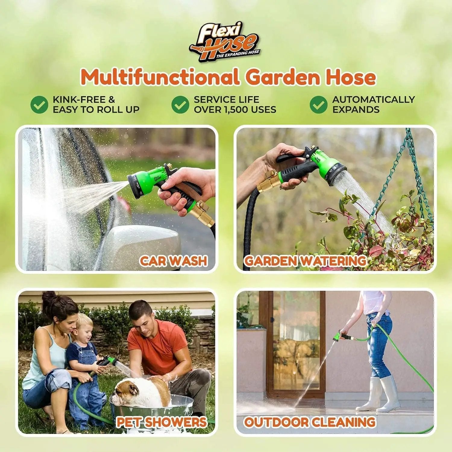 Flexi Hose PLUS with 8 Function Nozzle Expandable Garden Hose, Lightweight & No-Kink Flexible Garden Hose, 3/4 inch Solid Brass Fittings and Double Latex Core, 50 ft Black by GreenHaven Gardens