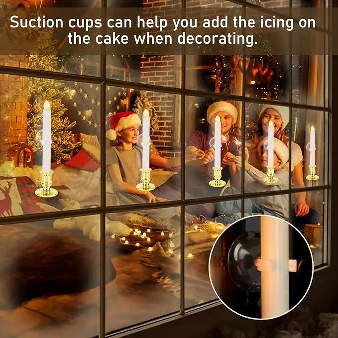 2 Pack Christmas Window Candles with Remote Timer, Flickering Flameless Candles with Candle Holders Suction Cups for Christmas Party Decorations, Gold by GreenHaven Gardens