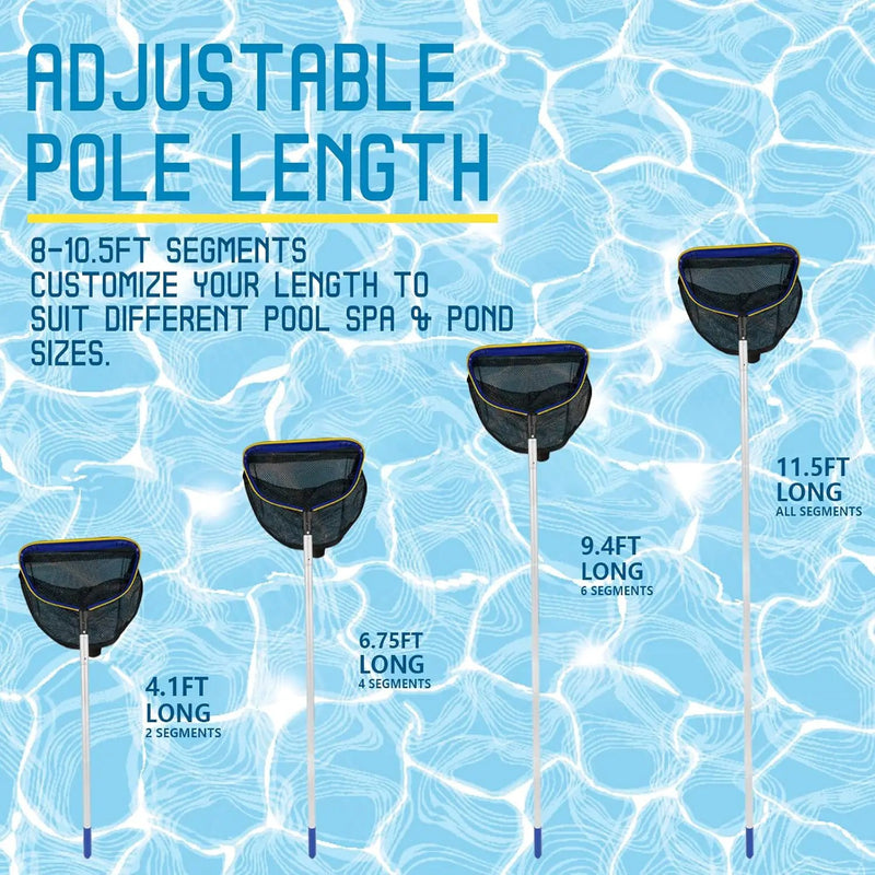 Poolvio Pool Deep Skimmer Net with 3ft - 10ft 1.0mm Thick Adjustable Aluminum Pole & Fine Mesh Bag Leaf Skimmer Rake Net for Above Ground & Inground Swimming Pools, Removes All Debris by GreenHaven Gardens