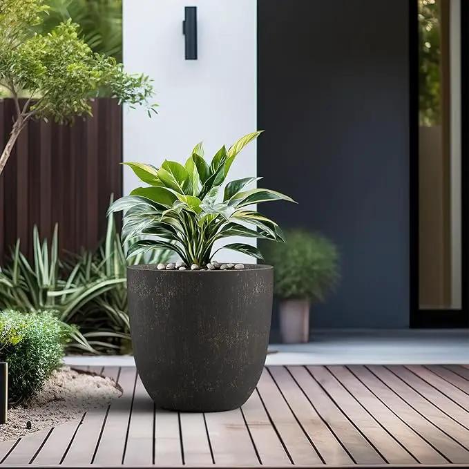Kante 18 Inch Dia Round Concrete Planter, Indoor Outdoor Large Plant Pot with Drainage Hole and Rubber Plug for Home Patio Garden, Oil Rubbed Bronze by GreenHaven Gardens