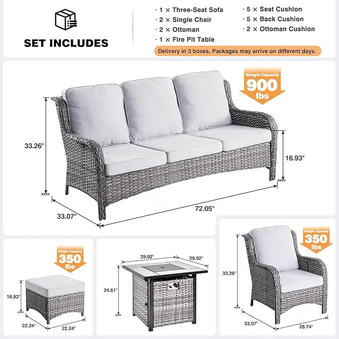 ovios 6 Pieces Patio Furniture Set with 30" Fire Pit Table, Outdoor Wicker Sofa with Ottomans, Comfy Cushions, High Back Couch Conversation Set, Grey Rattan, Grey by GreenHaven Gardens