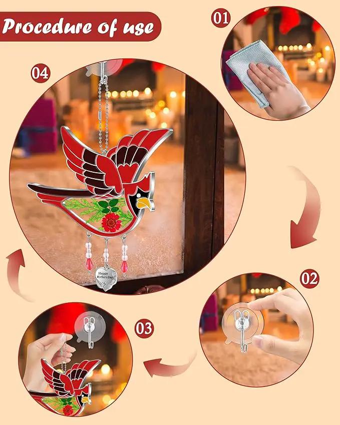 KY&BOSAM Happy Mother`s Day Cardinal Suncatcher Hand-Painted Garden Ornament Hanging Wind Chime with Pressed Flower Cardinal Embedded in Glass Gift for Mom Grandma Mother`s Day Gifts by GreenHaven Gardens