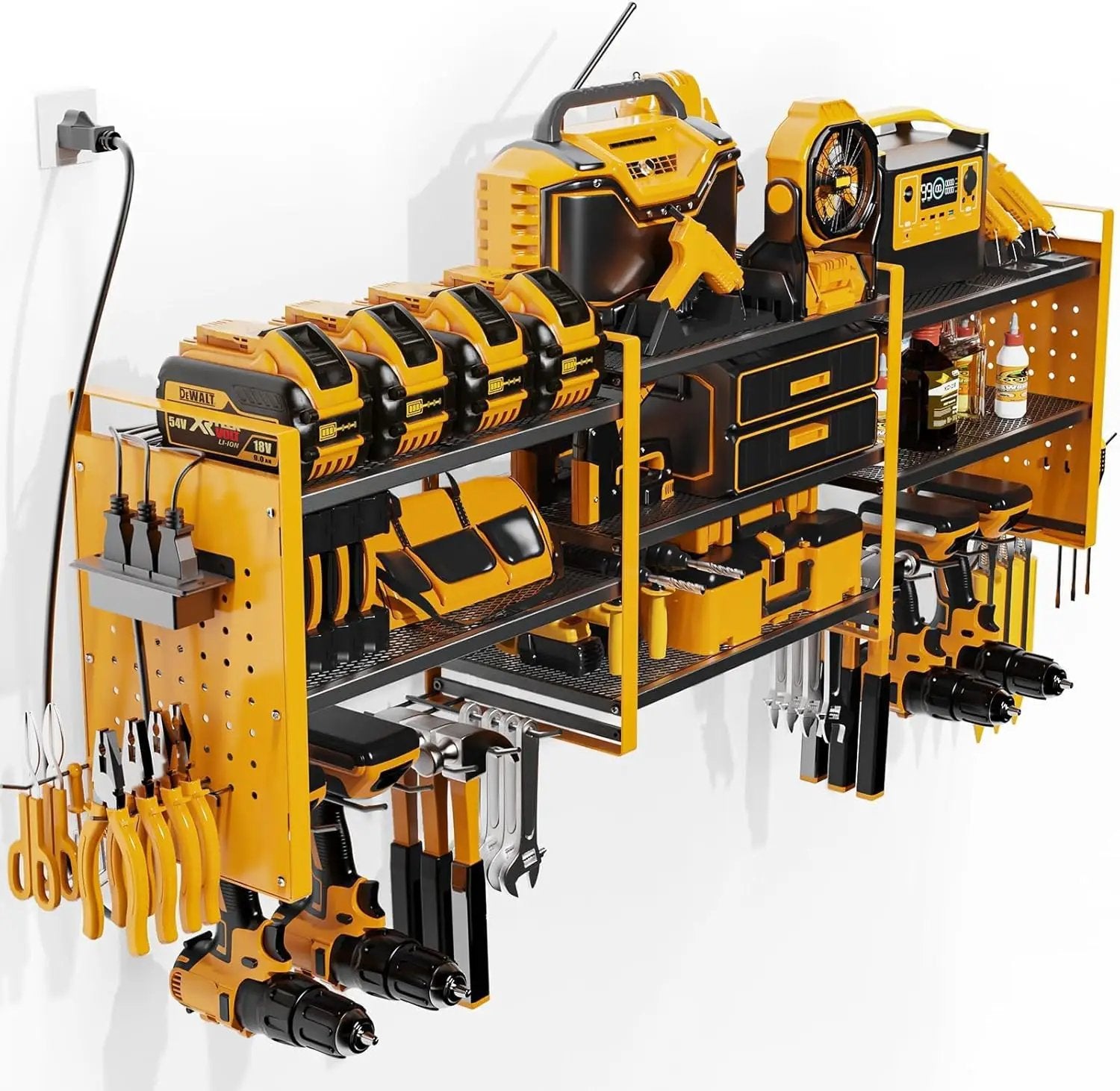 Power Tool Organizer with Charging Station Wall Mount, 3 Layer Expanded Heavy Duty Garage Organization, 48.8 Inch Length Garage Tool Storage, 4 Drill Slot, 16" Standard Hole, Yellow by GreenHaven Gardens