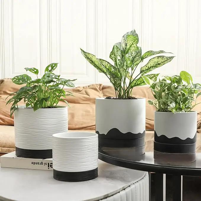 Nihow Ceramic Plant Pot: 8 Inch Planter with Drainage Hole & Saucer for Indoor & Outdoor Plants - Cylinder Round Flower Pot for Succulent/Herbs/Violets - White & Wave Black by GreenHaven Gardens