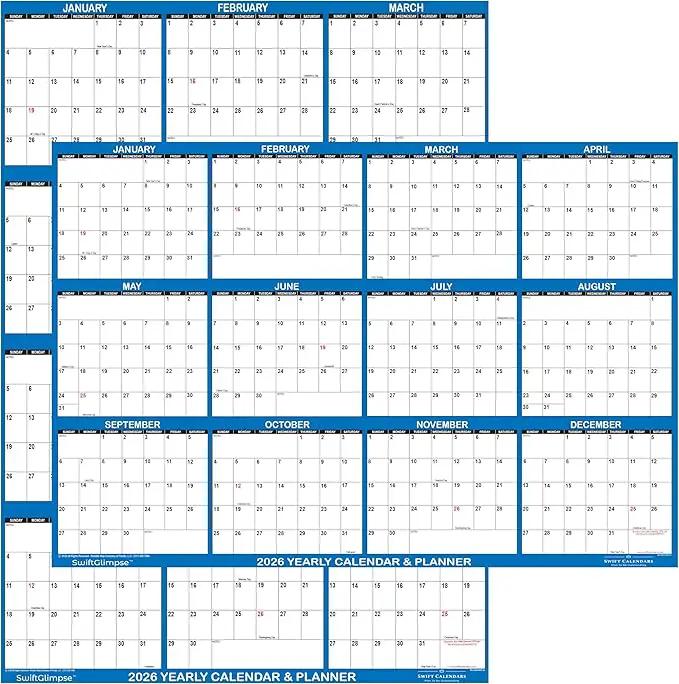 24" x 36" SwiftGlimpse 2026 Paper Folded Wall Calendar Large 12 Month Annual Yearly Wall Planner, Reversible, Horizontal/Vertical, Navy by GreenHaven Gardens