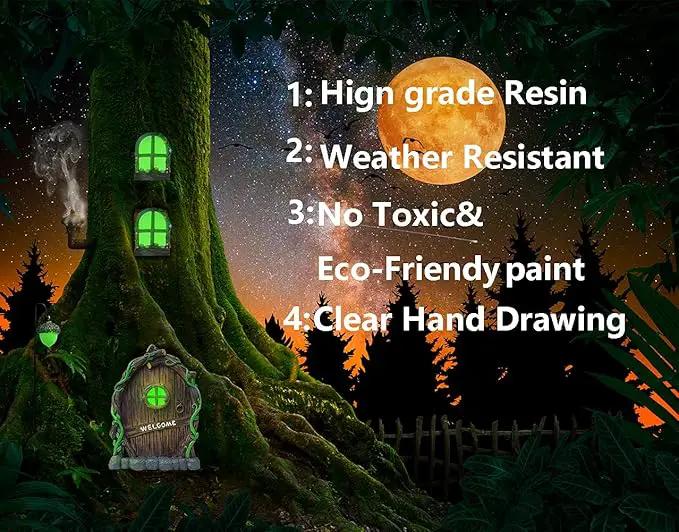Resin Miniature Fairy Gnome Home Windows and Welcome Door with Fairy Lantern,Glow in Dark Art Sculpture for Trees Outdoor Indoor Garden Yard Wall Decorations by GreenHaven Gardens