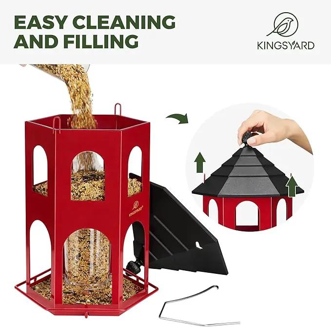 Kingsyard Metal Bird Feeder for Outdoor Hanging, Wild Bird Feeders with Circular Perch, Easy to Clean & Refill, 4 lbs Large Seed Capacity, Red by GreenHaven Gardens