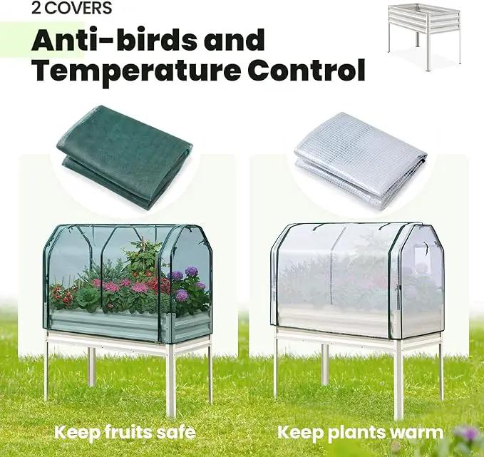 KING BIRD Raised Garden Bed with Cover & Netting Galvanized Elevated Large Planter Box with Legs 48×24×56 in for Backyard, Patio, Balcony, 400lb Capacity, Beige by GreenHaven Gardens