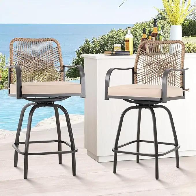 Outdoor Bar Stools Set of 2, Patio Swivel Counter Height Rattan Bar Stools, Patio Wicker Bar Swivel Chairs with Cushion, Outdoor Pool Bar Chairs for Backyard Garden Balcony w /360 Rotation by GreenHaven Gardens