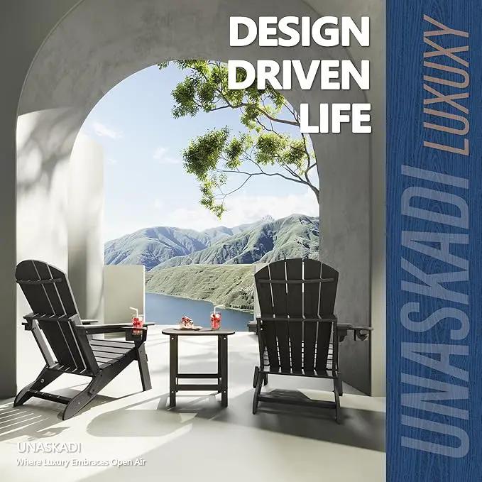 Folding Adirondack Chair Set of 2 with Cup Holder, HDPE All Weather Resistant Plastic Outdoor Patio Chairs, Heavy Duty Fire Pit Seating for Backyard Lawn Garden, Wooden Textured Design(Gray) by GreenHaven Gardens