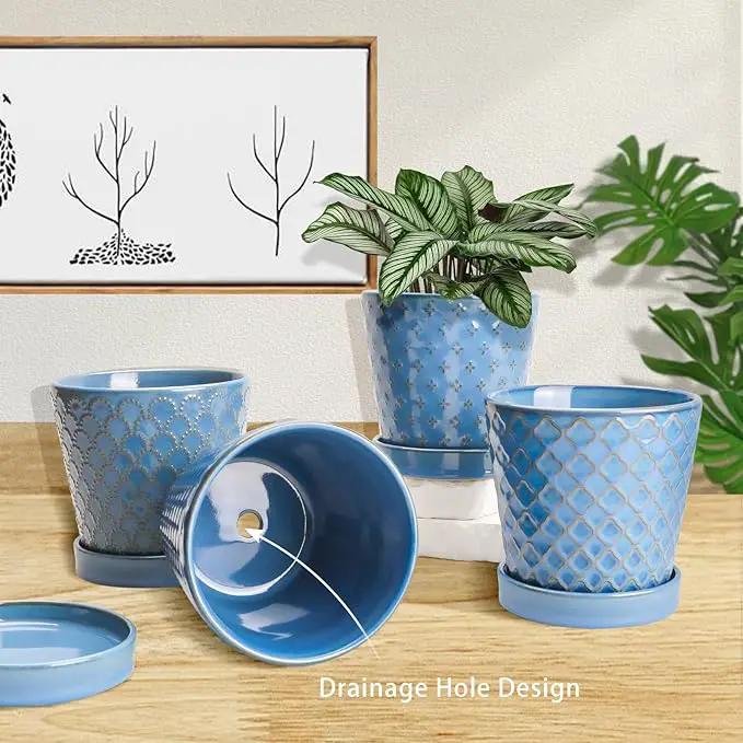 EFISPSS Plant Pots, 5 Inch Pots for Indoor Plants, Planters with Drainage Hole and Saucer, Ceramic Flower Pots Desktop Office Windowsill Decoration Gift Set of 4 - Sky Blue by GreenHaven Gardens