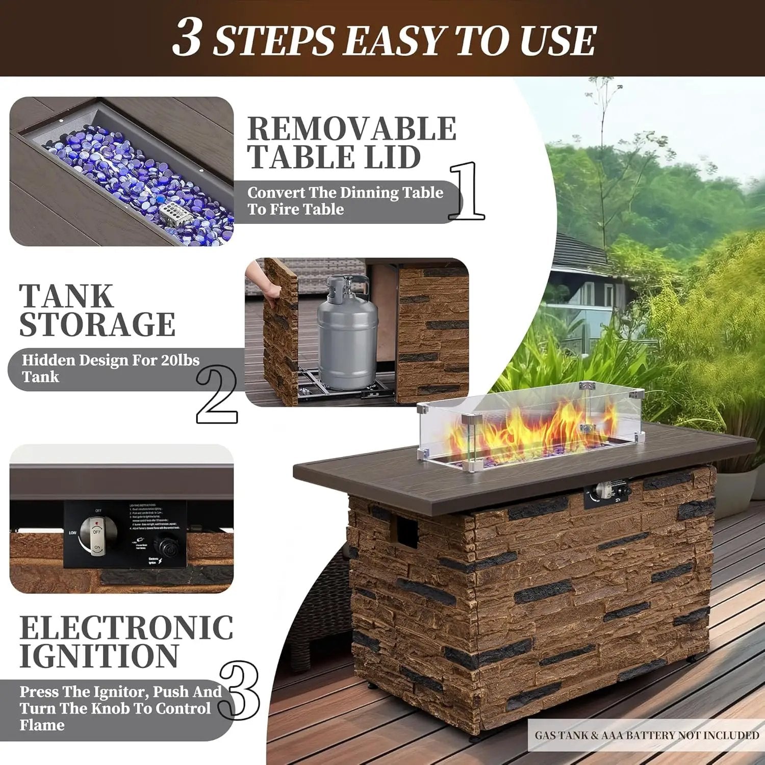 43” Propane Fire Pit Table Outdoor Rectangular Stone Firepit Table 50,000 Btu Propane Fire Tables for Outside Patio with Glass Wind Guard, Lid, Fire Glass Beads,Brown Rock Look by GreenHaven Gardens