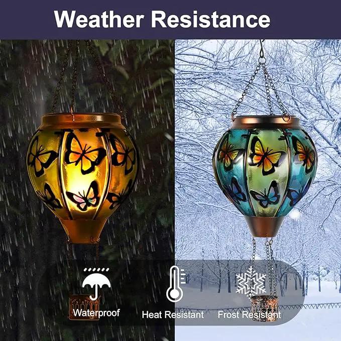 Butterfly Hot Air Balloon Solar Lantern, Solar Hot Air Balloon Flickering Flame Hanging Garden Light Candle LED Light Glass & Metal Waterproof Outdoor Lanterns Yard/Patio Decorative, Gift for Mom by GreenHaven Gardens