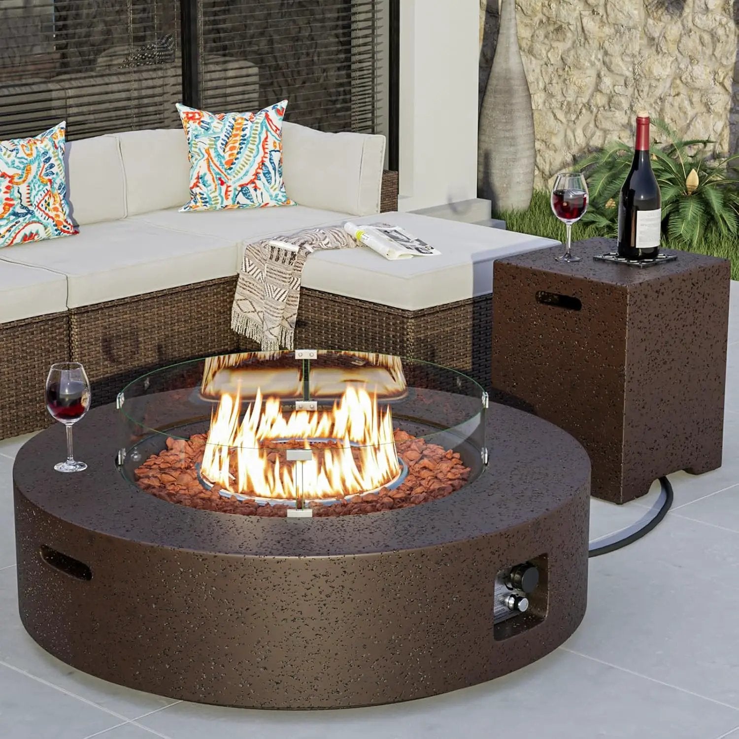 COSIEST 42 inch Outdoor Propane Fire Pit Coffee Table w Concrete Round Base Patio Heater, CSA Certified, 50,000 BTU Stainless Steel Burner, Free Lava Rocks, Rain Cover, Wind Guard, Tank Cover by GreenHaven Gardens