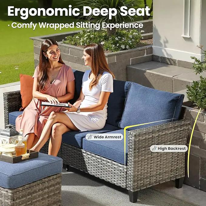 ovios 6 Pieces Patio Furniture Set with 42" Fire Pit Table, Outdoor Wicker Sofa with Comfy Cushions, All Weather High Back Rattan Couch Conversation Set, Denim Blue by GreenHaven Gardens