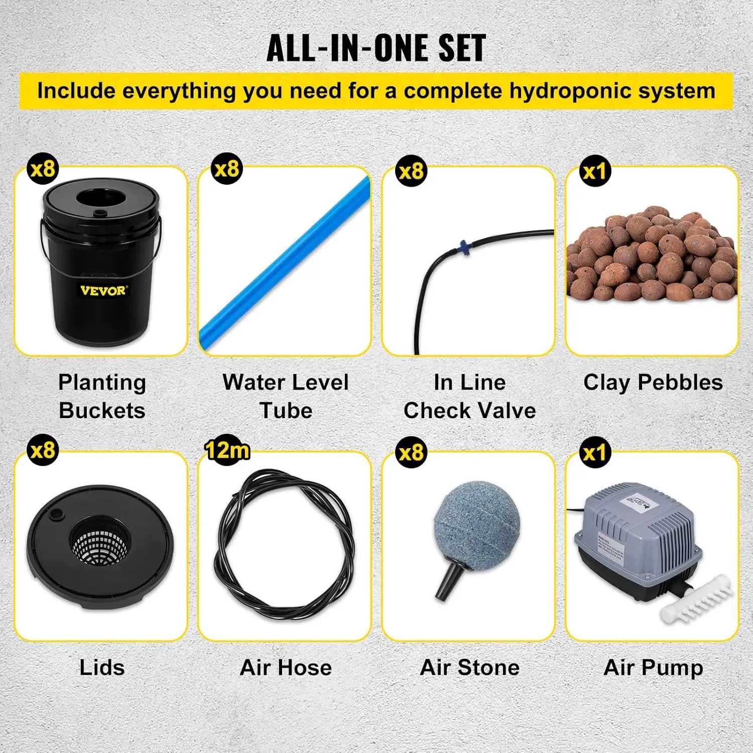 VEVOR DWC Hydroponic System, 5 Gallon 8 Buckets, Deep Water Culture Growing Bucket, Hydroponics Grow Kit with Pump, Air Stone and Water Level Device, for Indoor/Outdoor Leafy Vegetables by GreenHaven Gardens