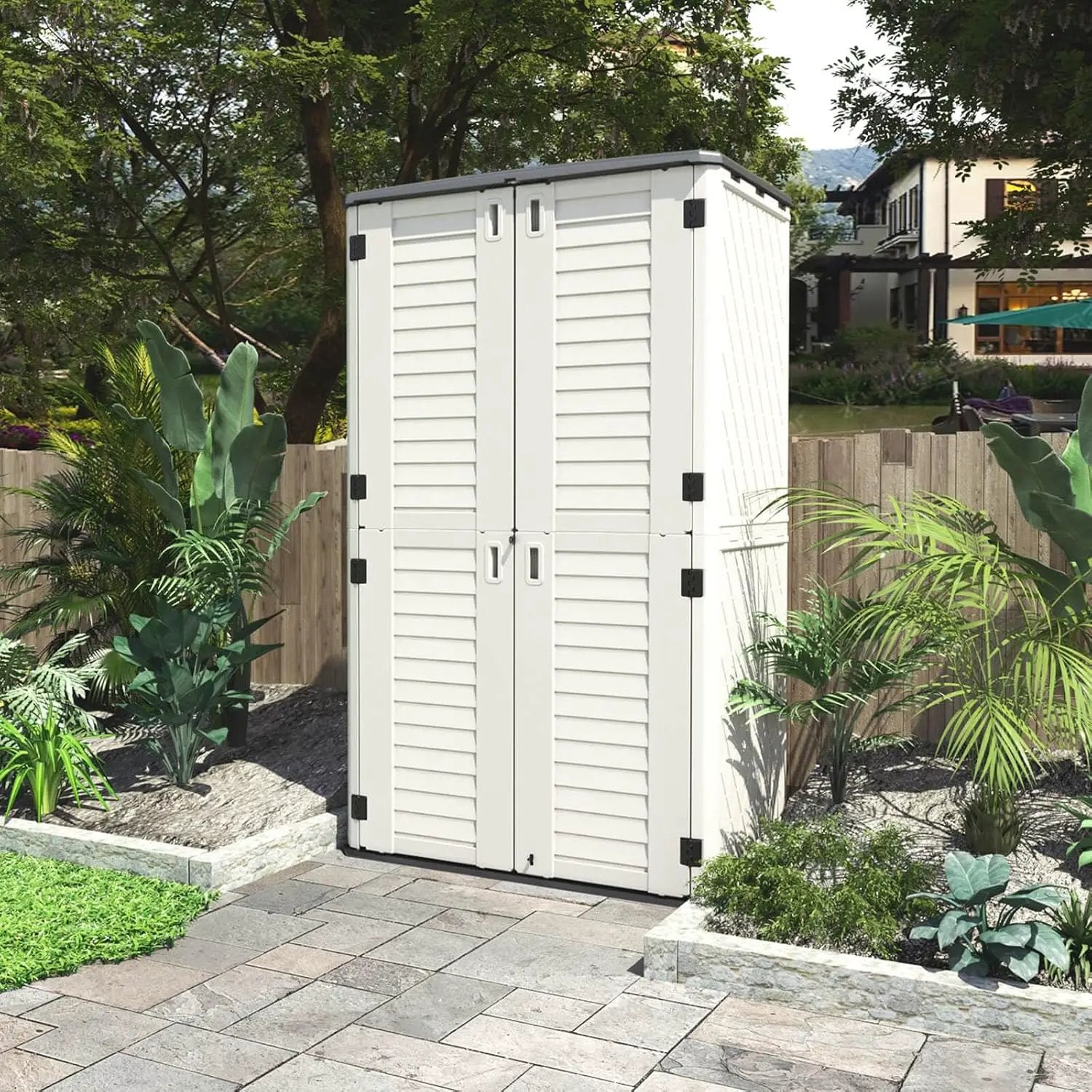 HOMSPARK Storage Shed Weather Resistance, Multi-Purpose Outdoor Storage Cabinet Waterproof, Outdoor Storage Cabinet for Garbage Cans, Lawnmower, Garden Accessories (White, Tall shed-53 cu ft) by GreenHaven Gardens