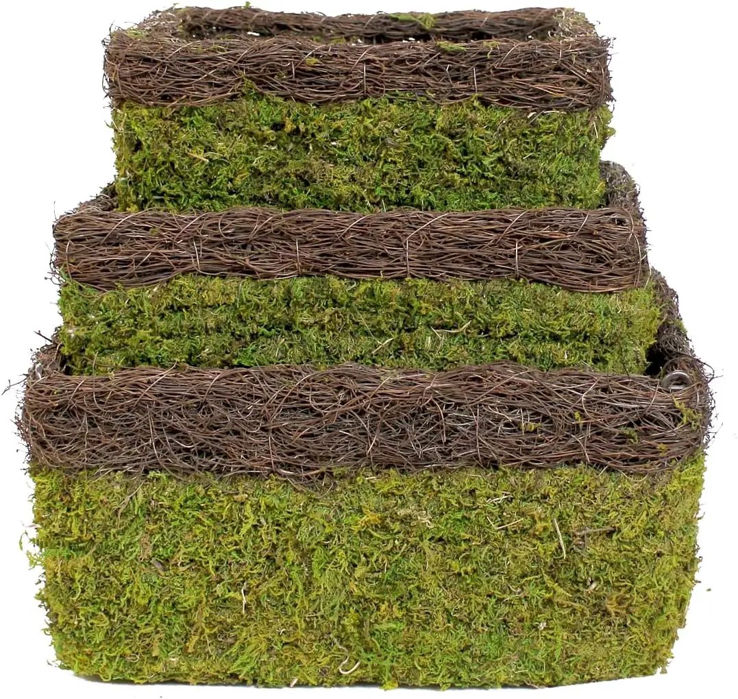 SuperMoss (29327 MossWeave Hanging Basket | Outdoor Hanging Planter with Moss | Decorative Plant Hanger for Porch, Balcony, Garden & Home Décor, Square with Wicker Rim, Set of 3 (S/M/L), Green by GreenHaven Gardens