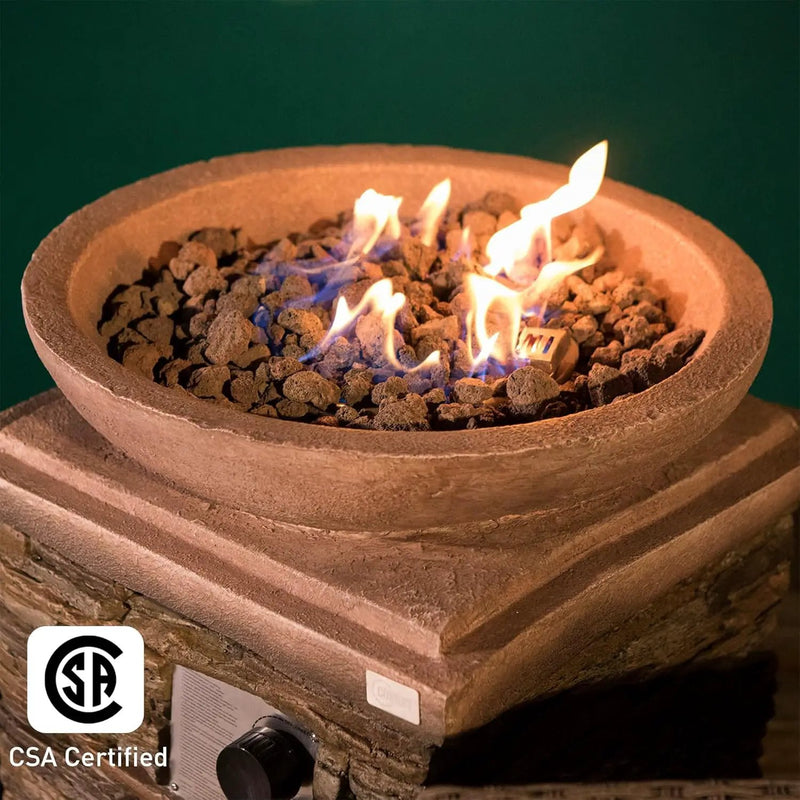 COSIEST Outdoor Propane Fire Pit Table w Faux Brown Compact Ledge Stone 20" Square Base and Faux Rose-Marble Round Bowl, CSA Certified, 40,000 BTU, Free Lava Rocks, Fits 20lb Tank Inside, Raincover by GreenHaven Gardens